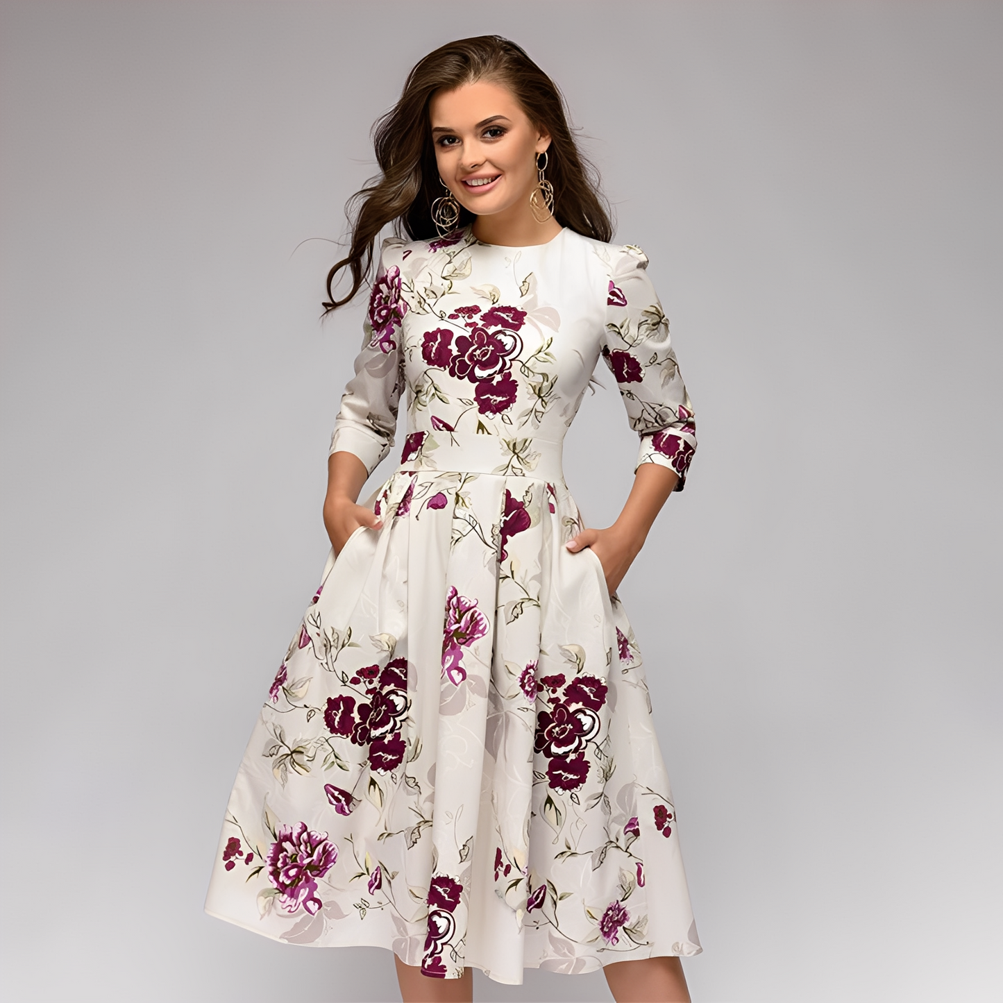 Elisabeth - Robe chic à longues manches avec motif floral pour femmes