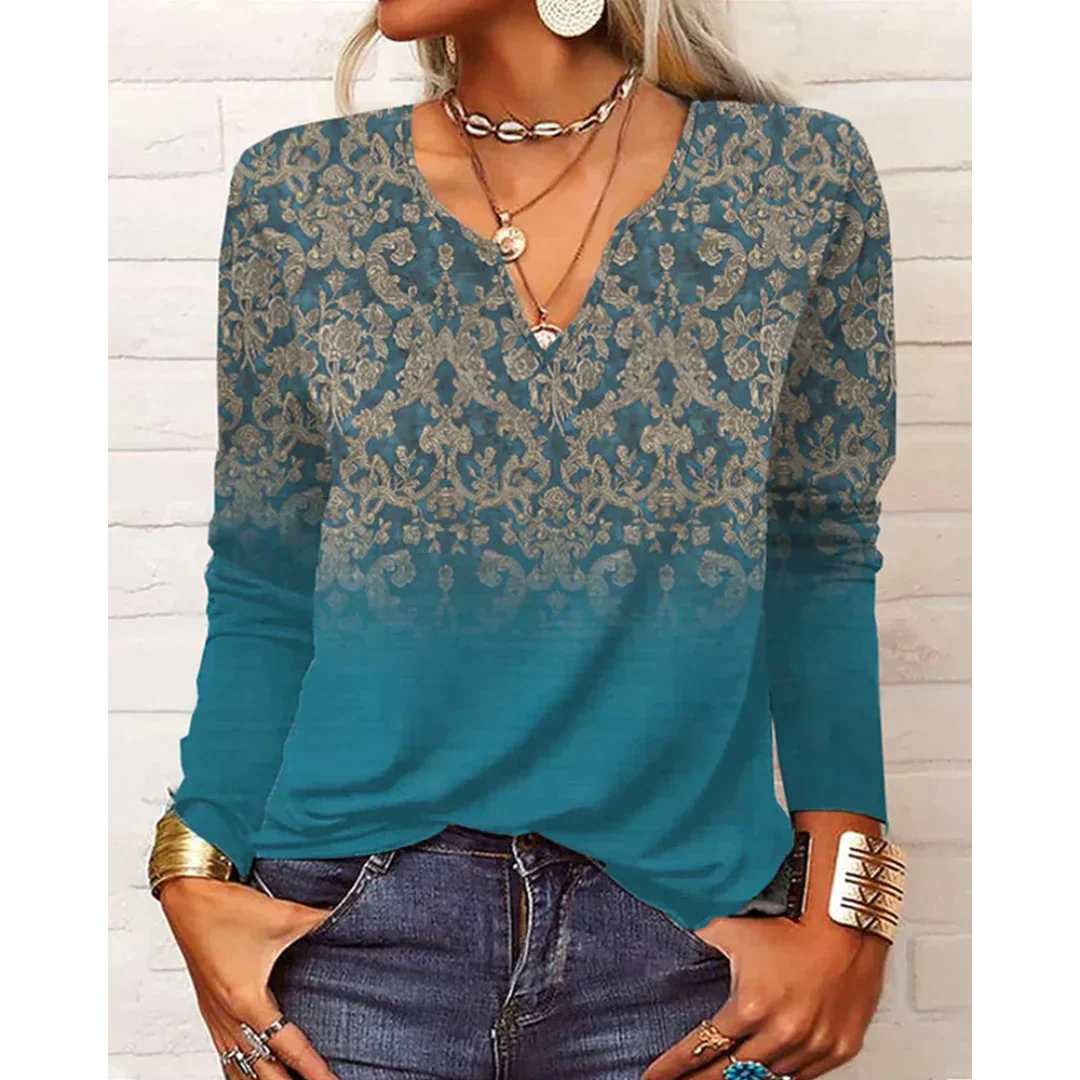 Katharina - Blouse Bohémien Multicolore Manches Longues et Col en V