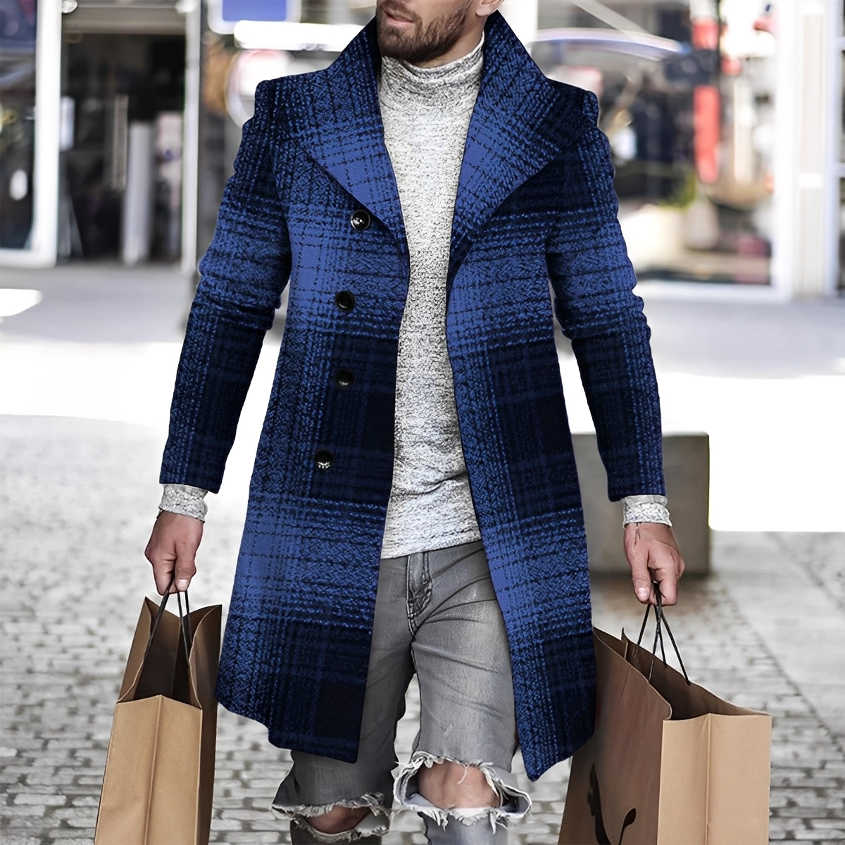 Terry - Elegant wool coat with checkered pattern for men