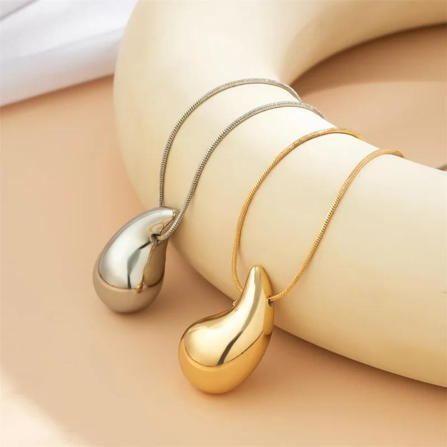 Collier de gouttes d'eau de grande taille - Collier doré avec pendentif de goutte d'eau