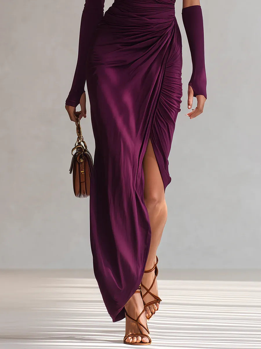 Seraphine – Robe Maxi Asymétrique à Drapés Structurés