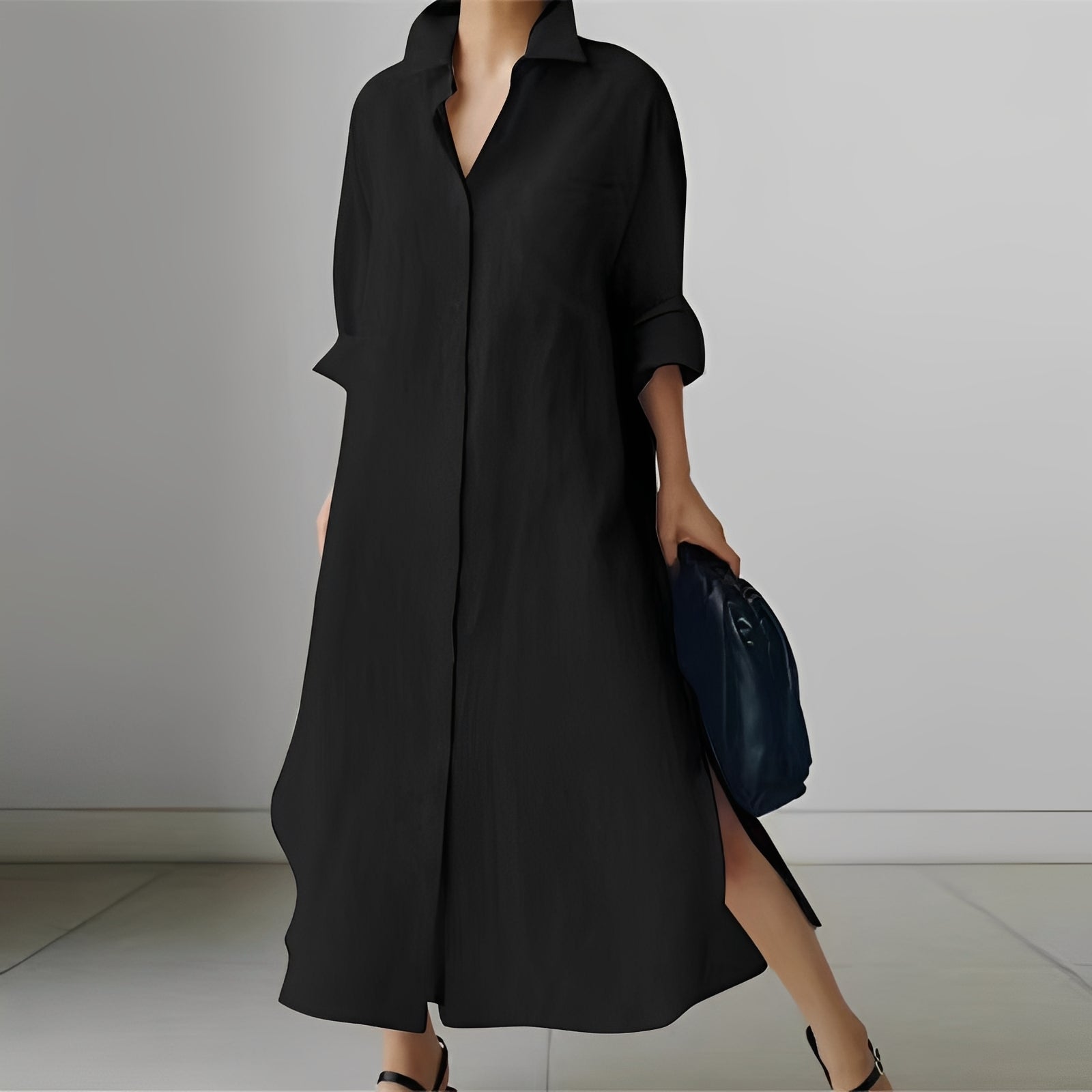 Nancy - Robe midi ample style chemise avec fente pour femmes