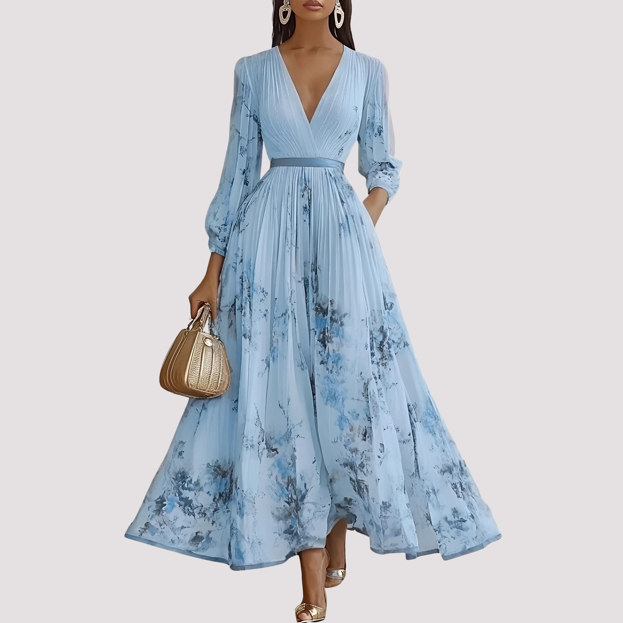 Leah - Robe Florale Midi à Manches Longues