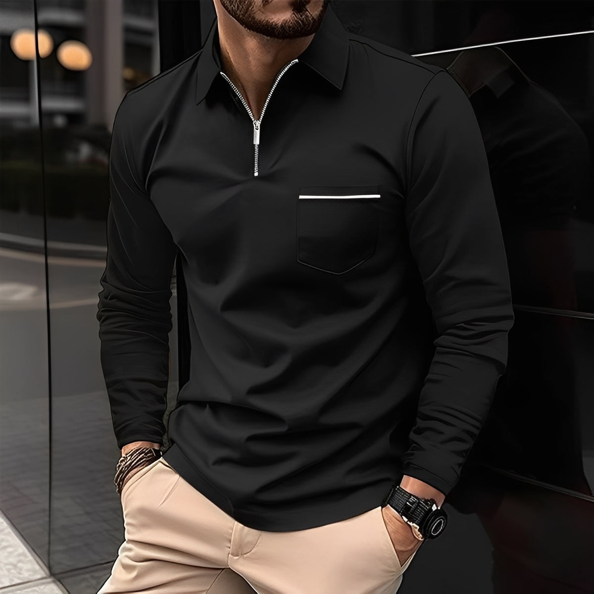 Florent - Polo à manches longues avec fermeture éclair pour hommes