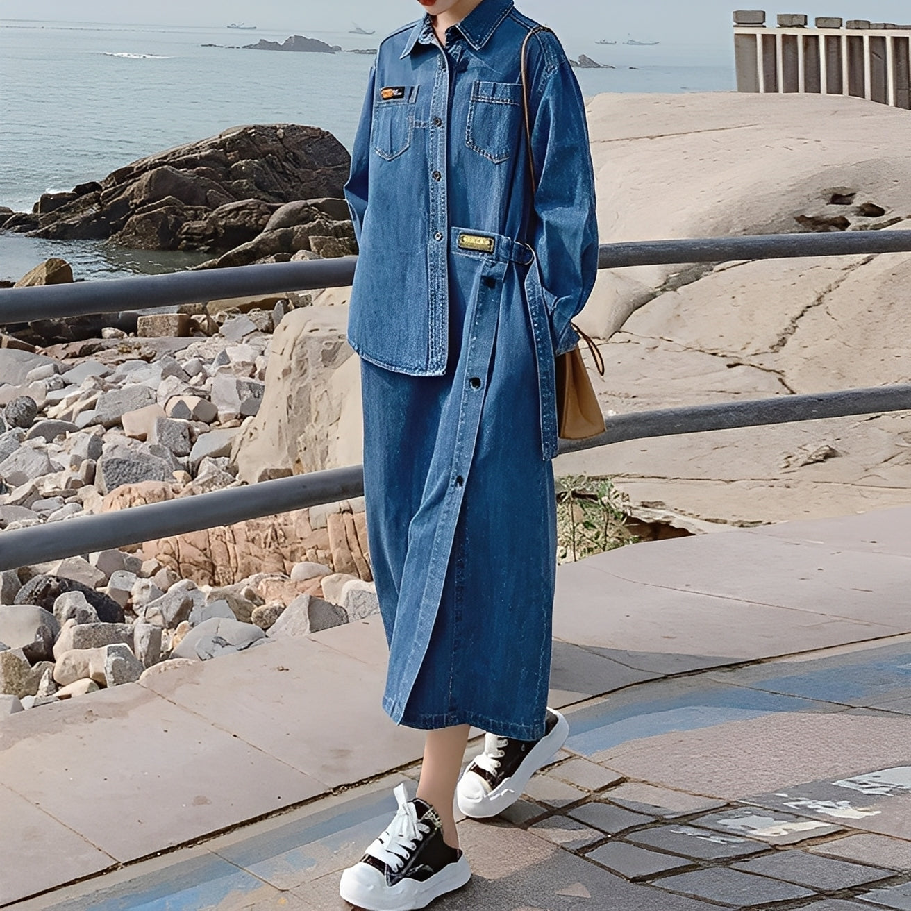 Christabel - Longue Robe en Jean Rétro avec Poches pour Femmes