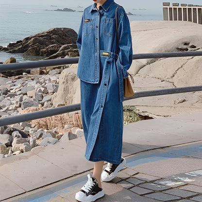 Christabel - Longue Robe en Jean Rétro avec Poches pour Femmes