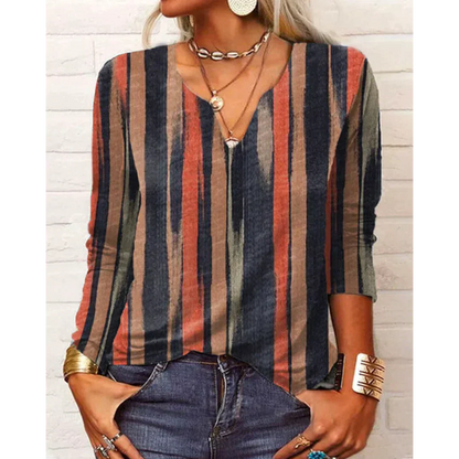 Katharina - Multicolored Bohemian Blouse with Long Sleeves and V-Neck