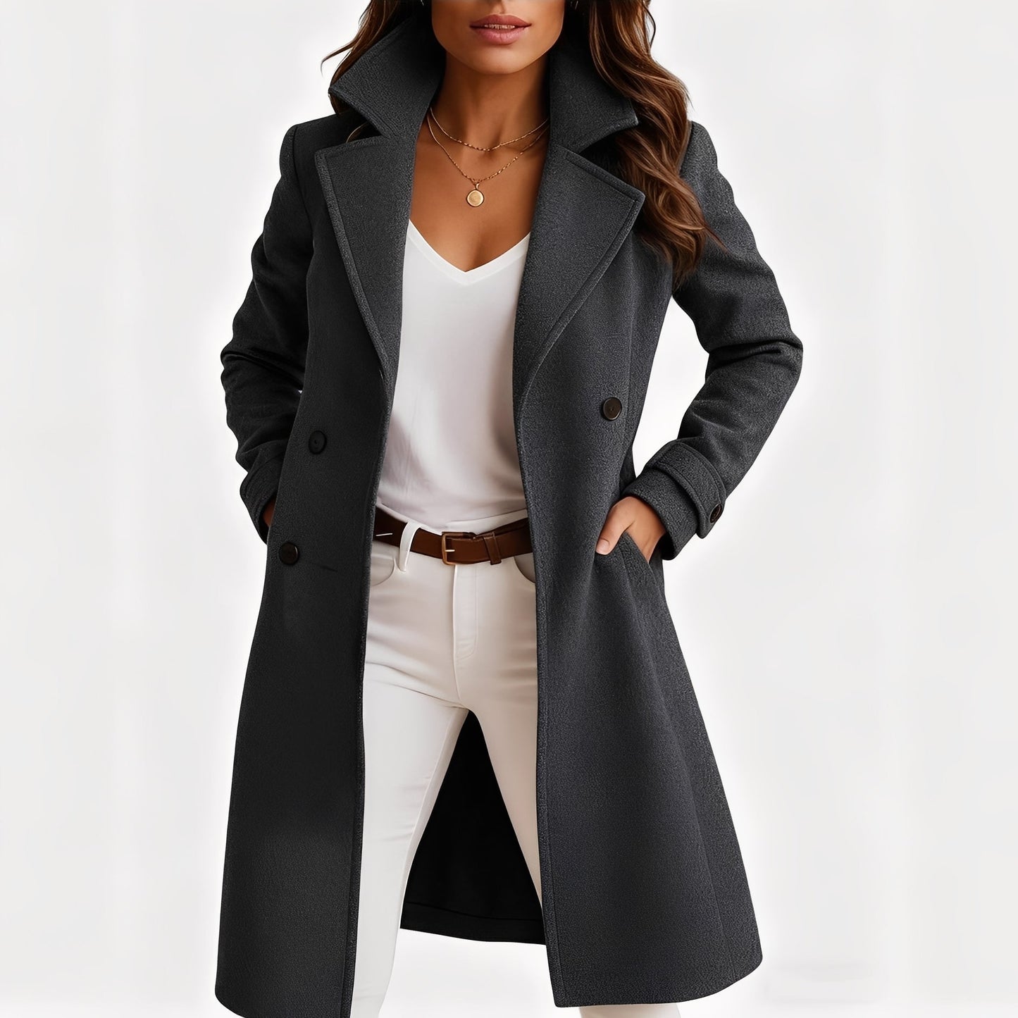 Camille - Elegant single-breasted coat with pockets for women