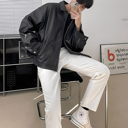 Russell - Veste bombardier tendance en cuir pour hommes, coupe oversize