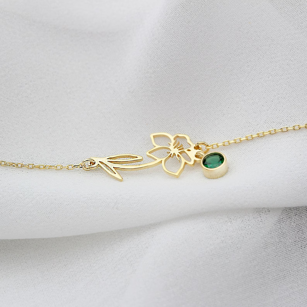 Bracelet de Fête d'Anniversaire - Bracelet avec Pierre de Naissance et Fleur
