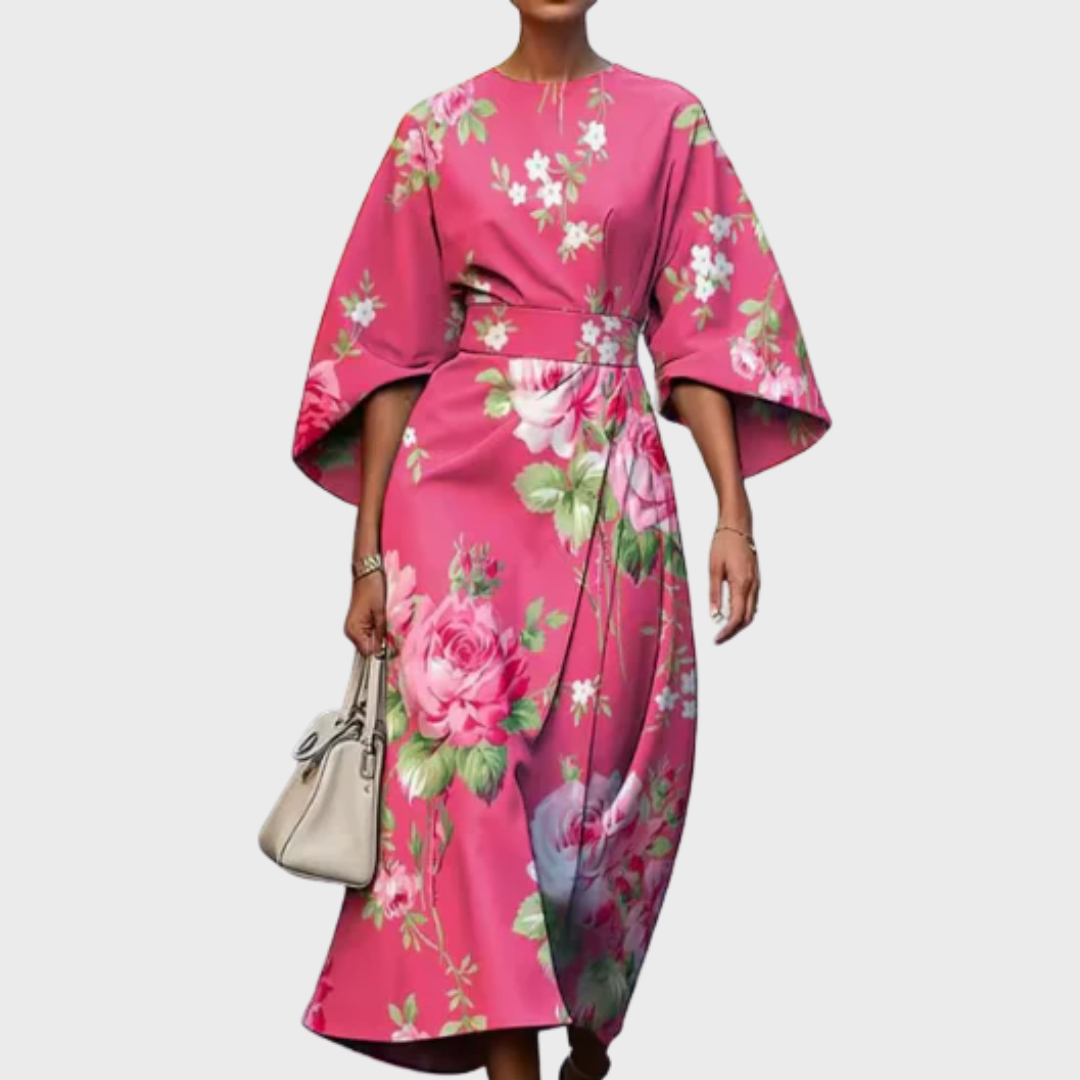 Reina - Robe Midi Fleurie à Taille Marquée
