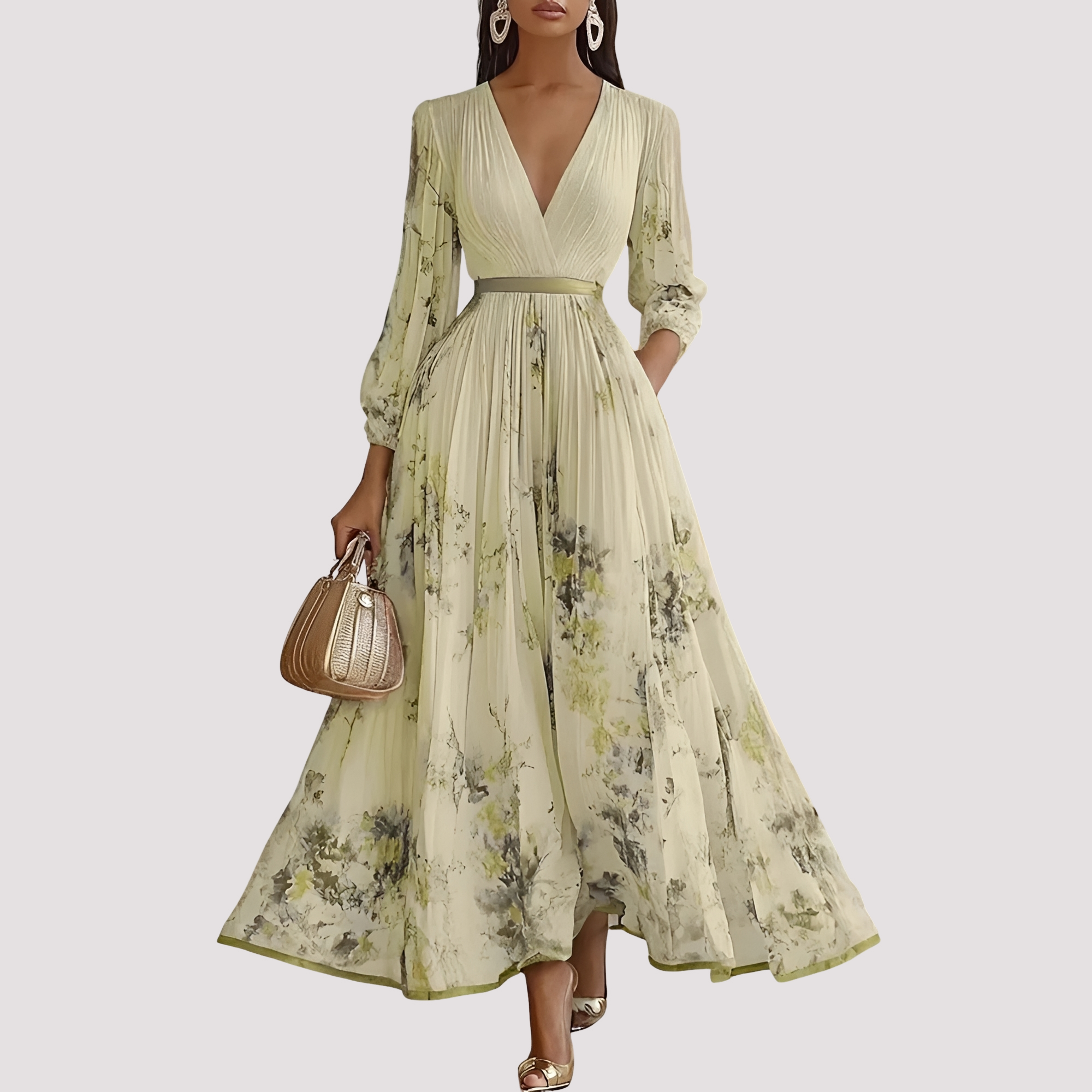 Leah - Robe Florale Midi à Manches Longues