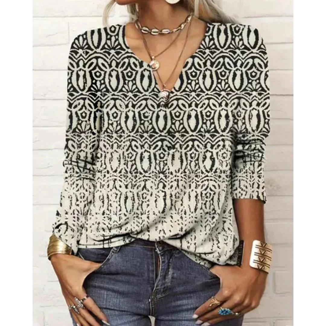 Katharina - Blouse Bohémien Multicolore Manches Longues et Col en V