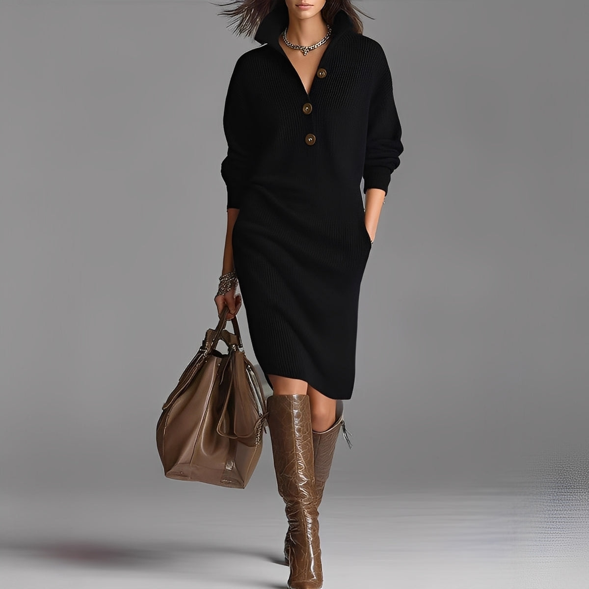 Camryn - Robe à manches longues avec boutons et col pour femmes