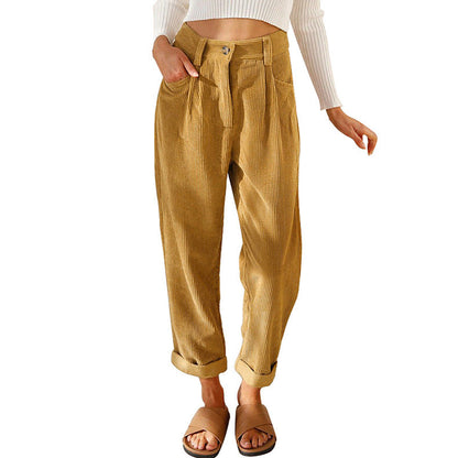 Chelsie - Pantalon large côtelé taille haute pour femmes