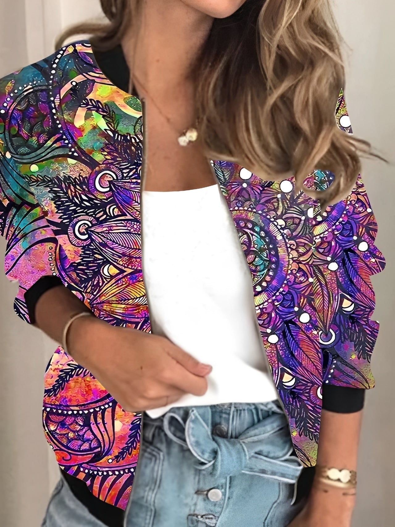 Elsie - Veste stylée avec fermeture éclair et motif fleuri pour femmes