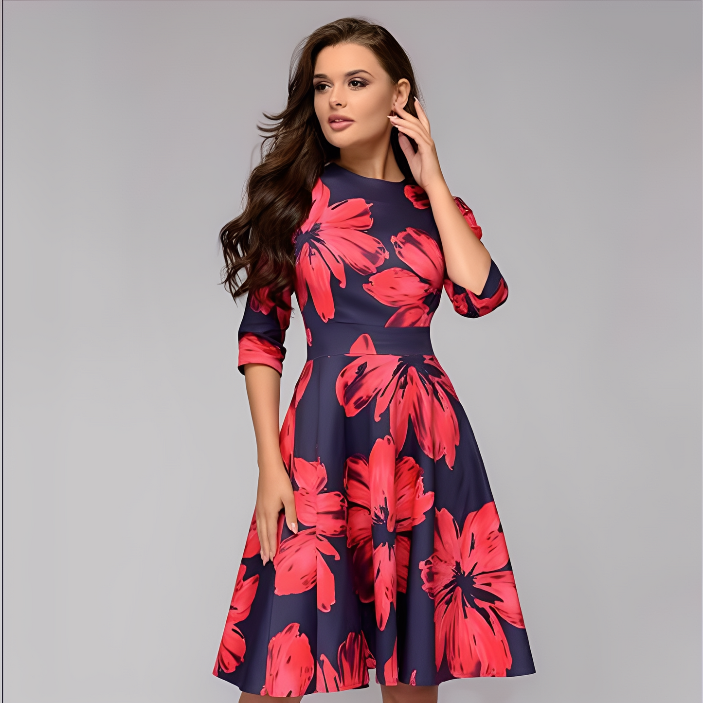 Elisabeth - Robe chic à longues manches avec motif floral pour femmes