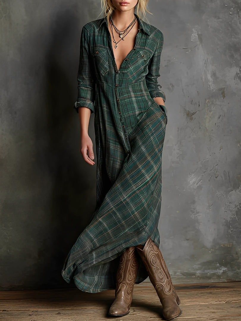 Émilien - Robe longue à revers avec motif à carreaux pour femmes
