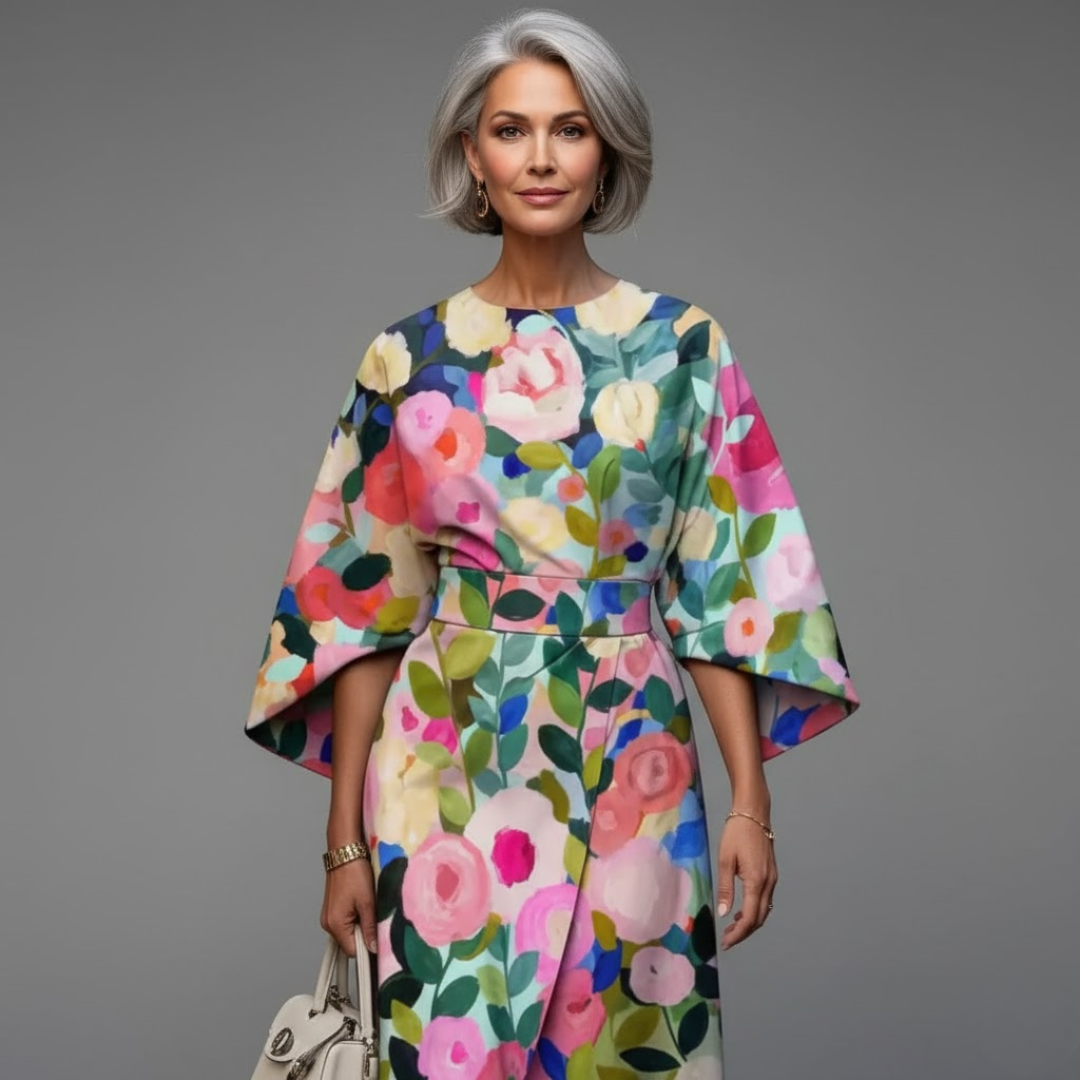 Reina - Robe Midi Fleurie à Taille Marquée