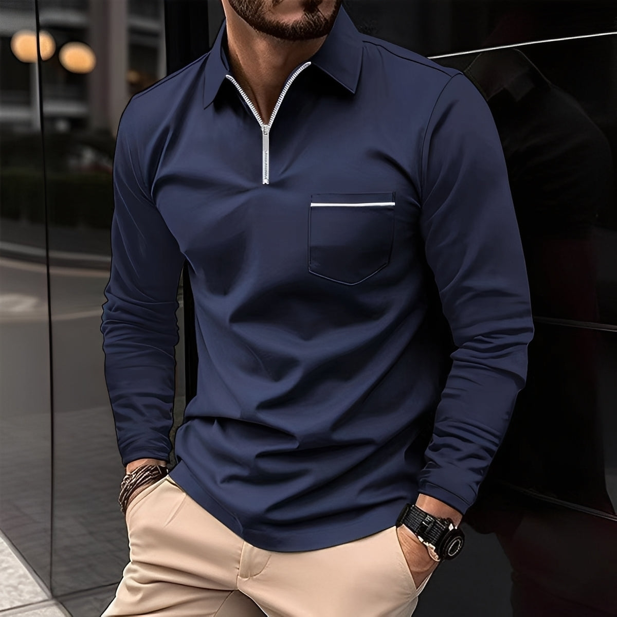 Bernard - Polo décontracté à manches longues avec poche pour hommes