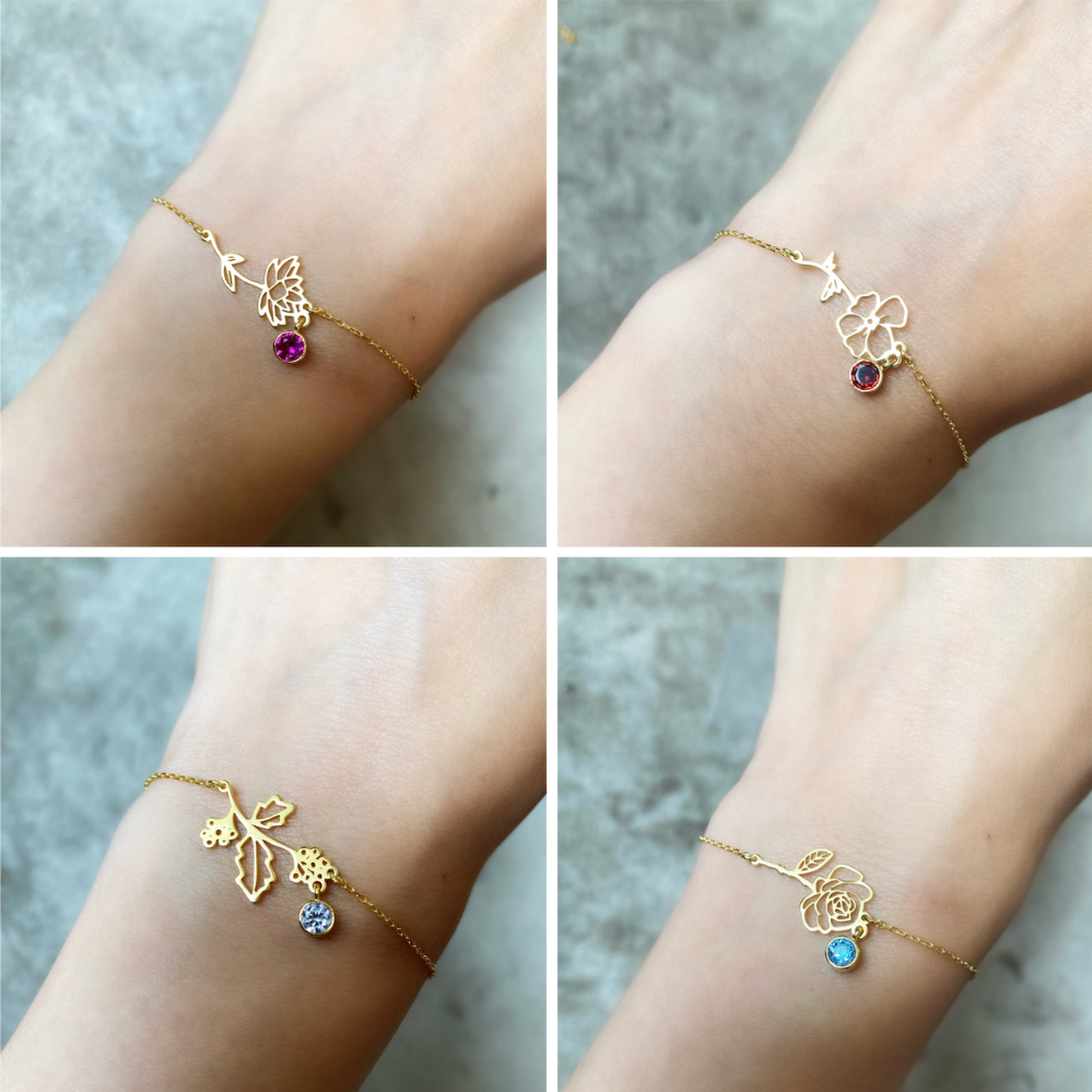 Bracelet de Fête d'Anniversaire - Bracelet avec Pierre de Naissance et Fleur