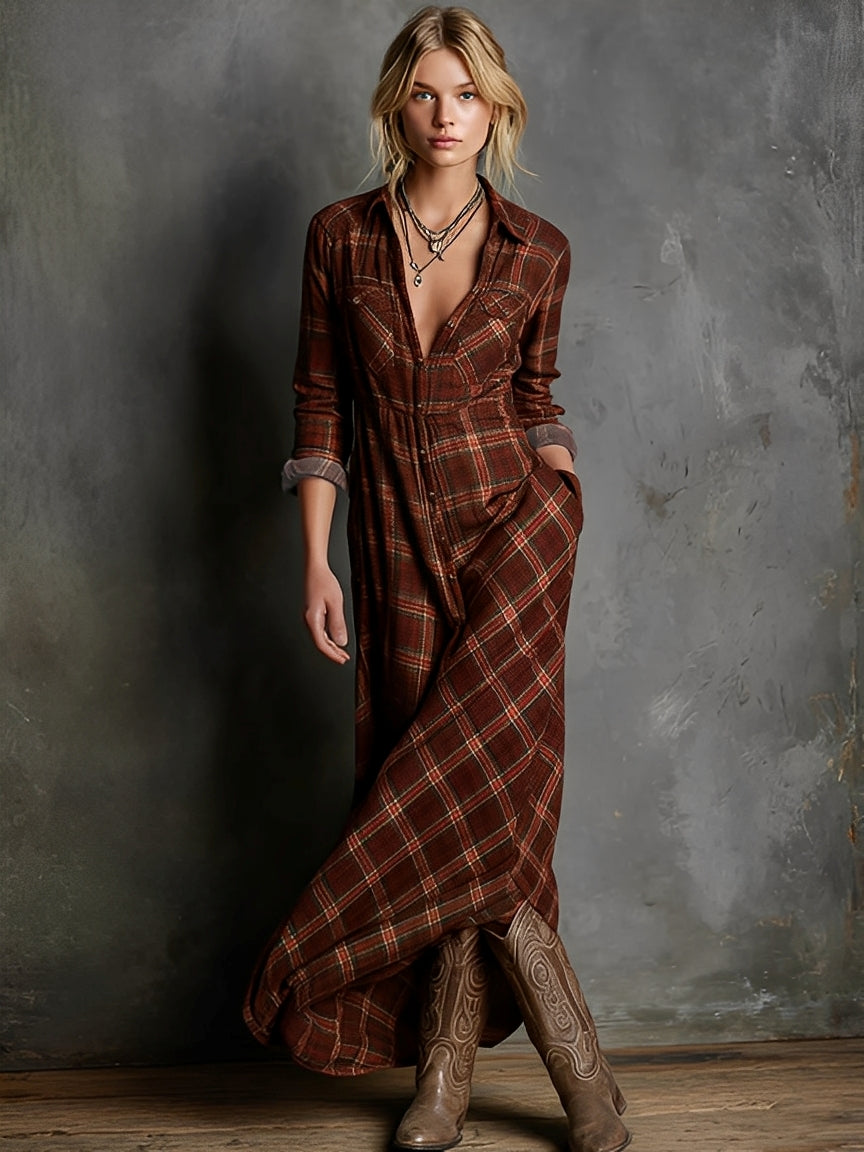 Émilien - Robe longue à revers avec motif à carreaux pour femmes
