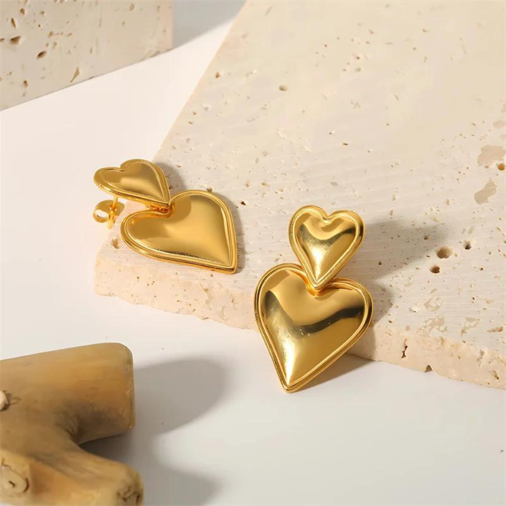 Boucles d'oreilles Double Cœur - Boucle d'oreille de déclaration avec deux cœurs