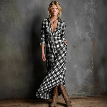 Émilien - Robe longue à revers avec motif à carreaux pour femmes