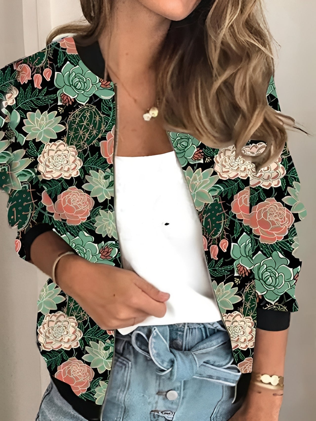 Elsie - Veste stylée avec fermeture éclair et motif fleuri pour femmes