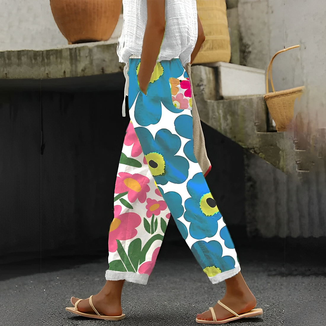 Catherina - Pantalon large en lin à fleurs