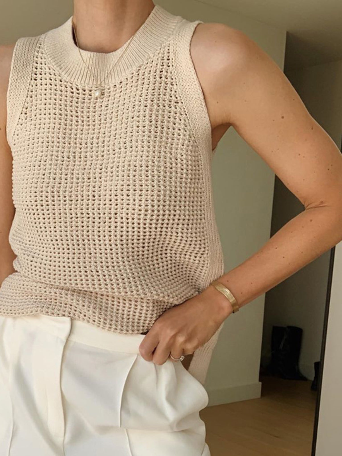 Femme Top sans manches à col rond - Coupe régulière pour été, sorties décontractées et occasions estivales