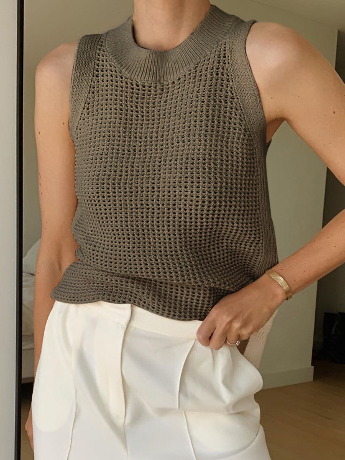 Femme Top sans manches à col rond - Coupe régulière pour été, sorties décontractées et occasions estivales