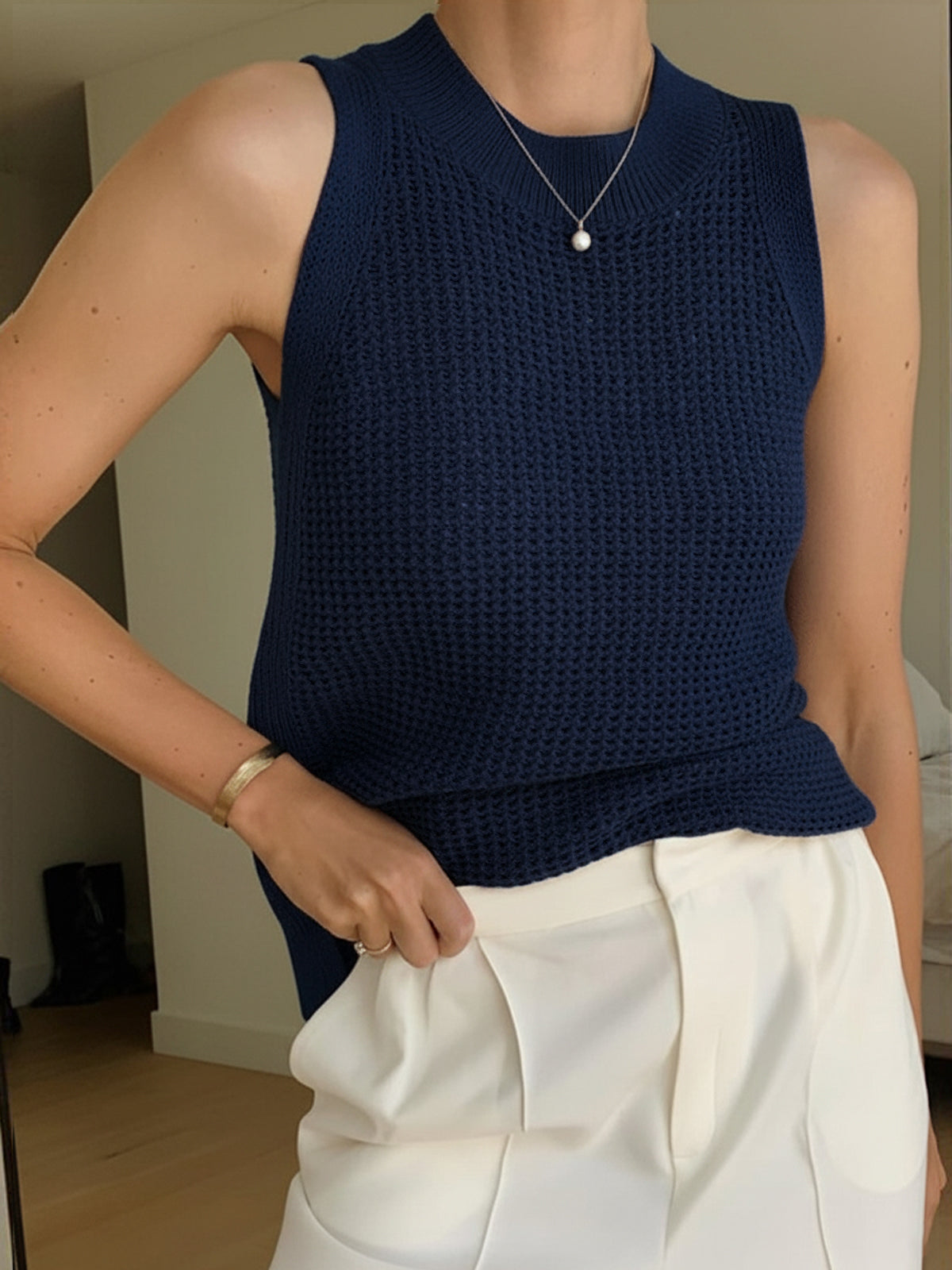 Femme Top sans manches à col rond - Coupe régulière pour été, sorties décontractées et occasions estivales