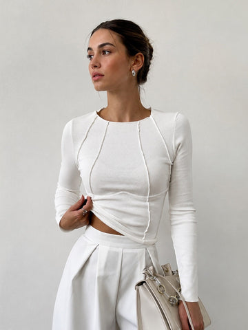Femme Top à manches longues slim fit - Col rond avec coutures originales pour bureau, quotidien et printemps