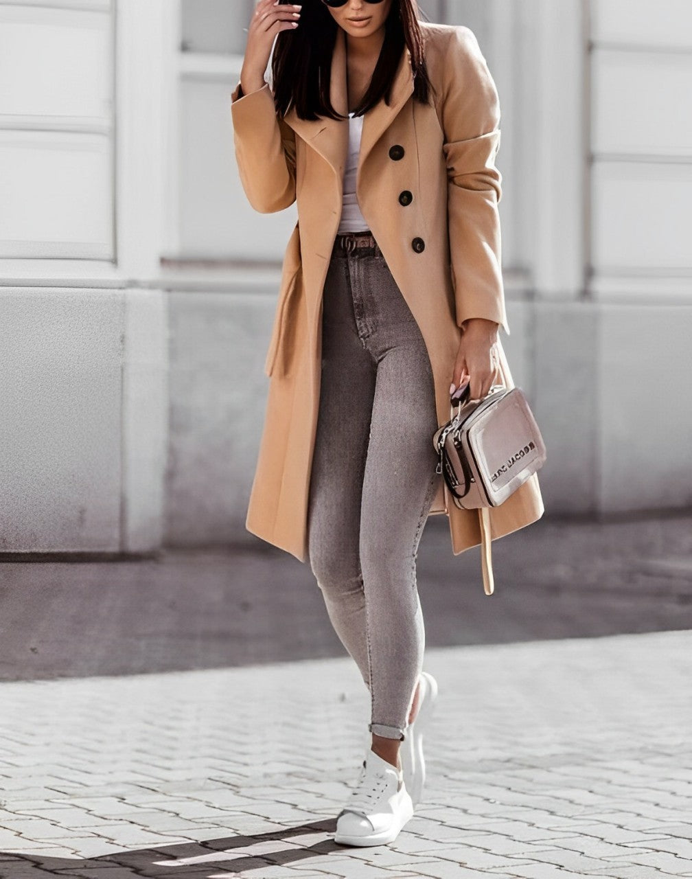 Idony - Long manteau en laine avec laçage et ceinture à nouer