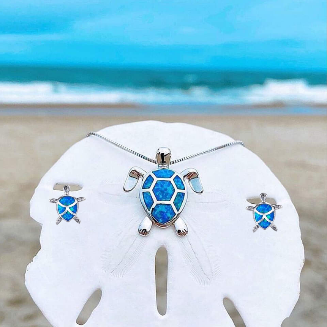 Kailea – Ensemble de bijoux en tortue d'opale et argent (collier + boucles d'oreilles)