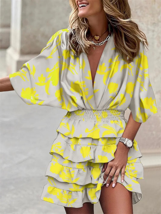 Liora – Robe à Fleurs avec Encolure en V et Volants