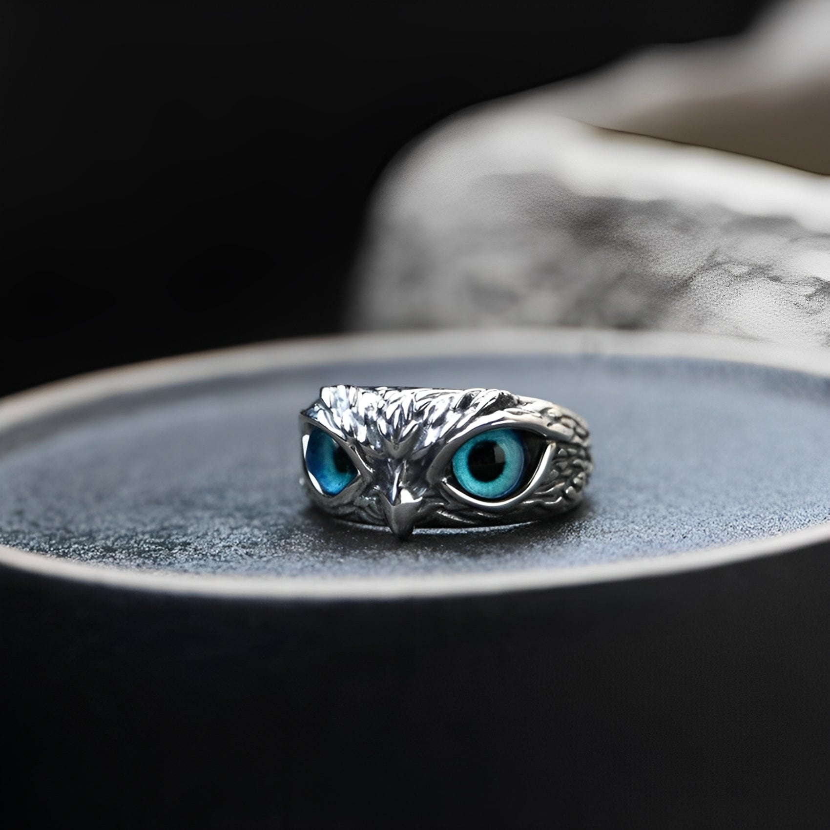 Brianna – Bague ajustable porte-bonheur avec hibou en argent et opale