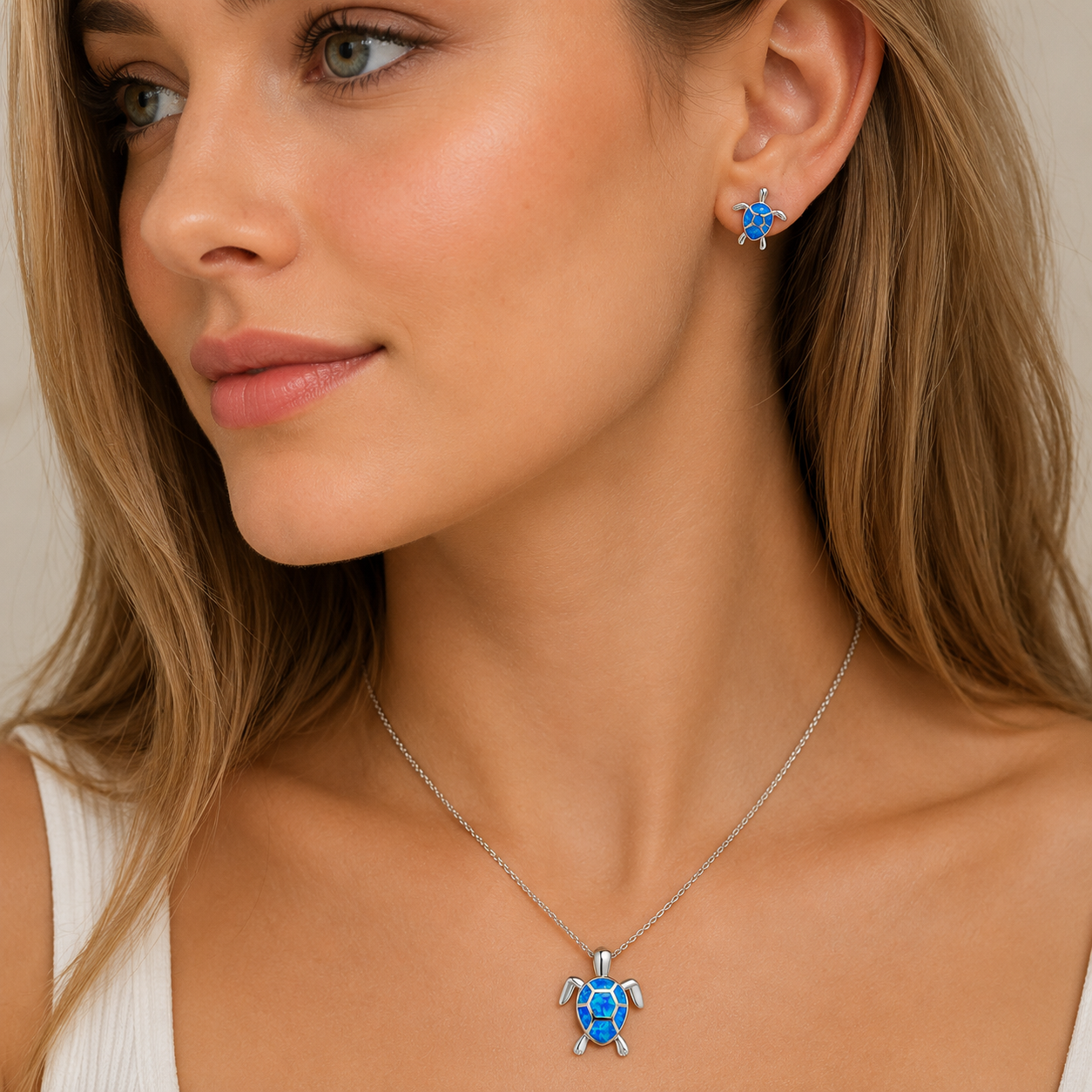 Kailea – Ensemble de bijoux en tortue d'opale et argent (collier + boucles d'oreilles)