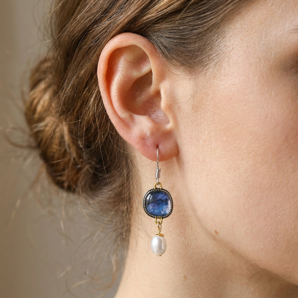 Maelis – Boucles d'oreilles vintage en pierre bleue et perles