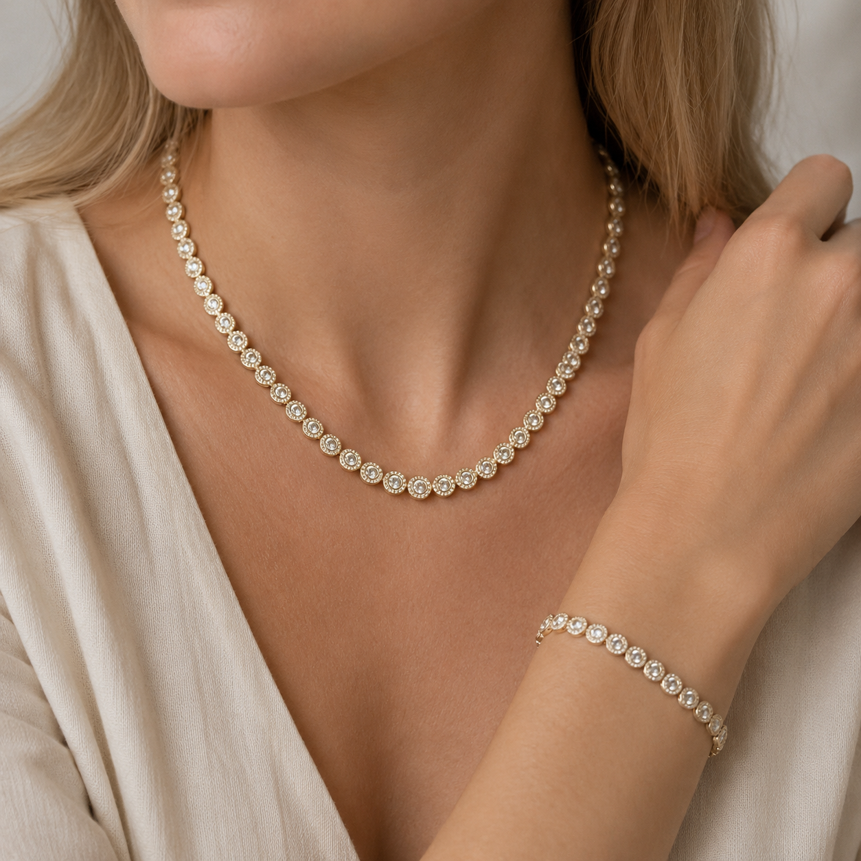 Victoria – Collier et bracelet avec bouton rond brillant