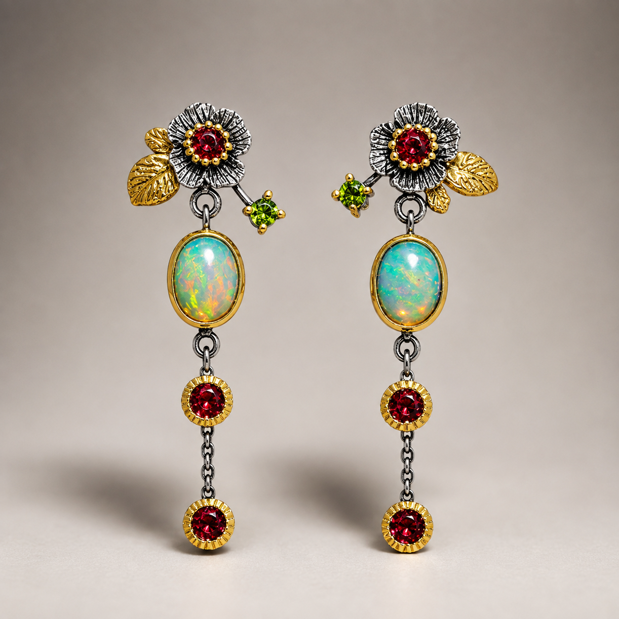 Zyra – Boucles d'oreilles boho avec opale et zircon rouge