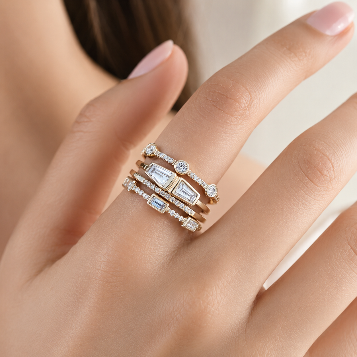 Shuvee – Ensemble de bagues vintage dorées avec zirconias