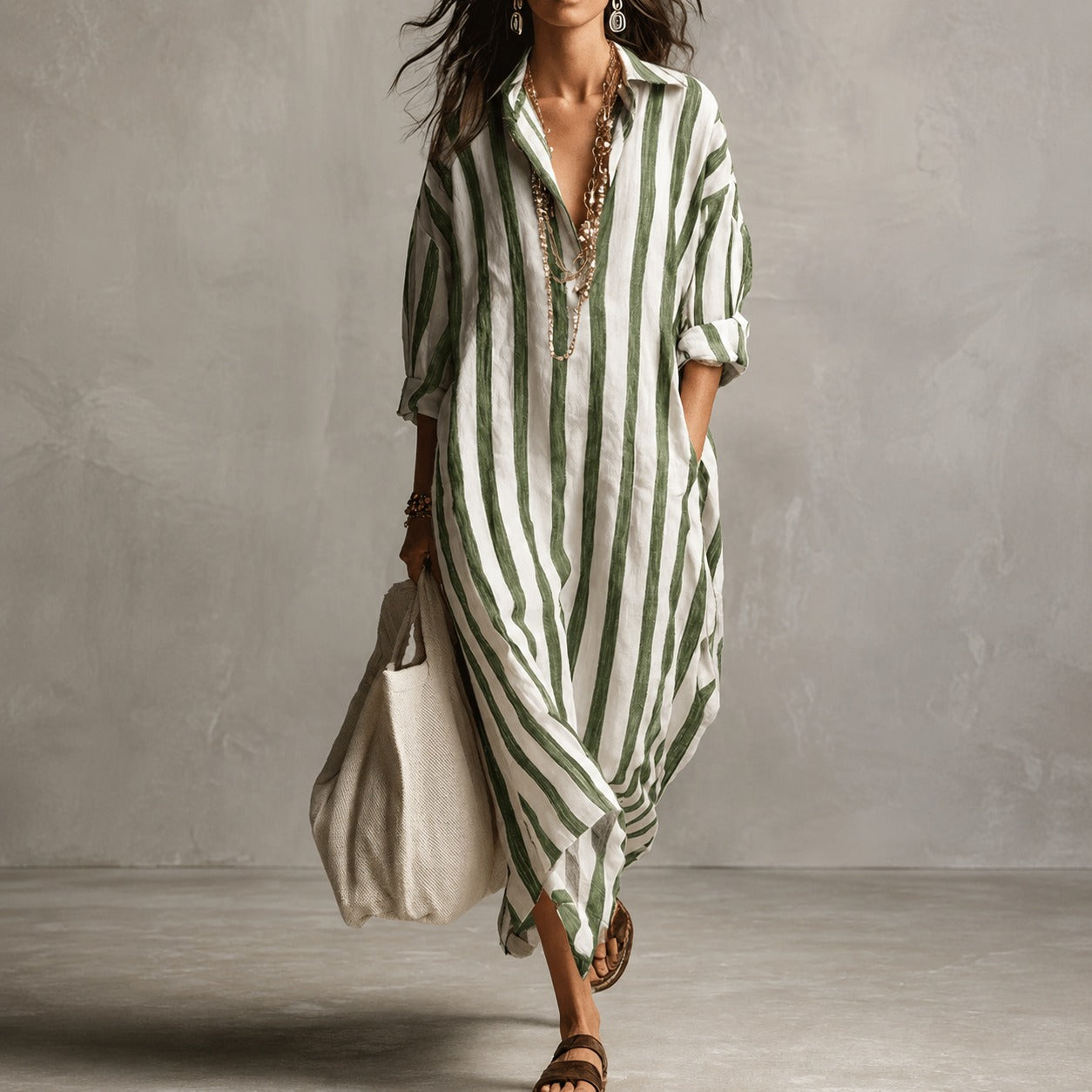Elysia - Robe longue style chemise à manches longues