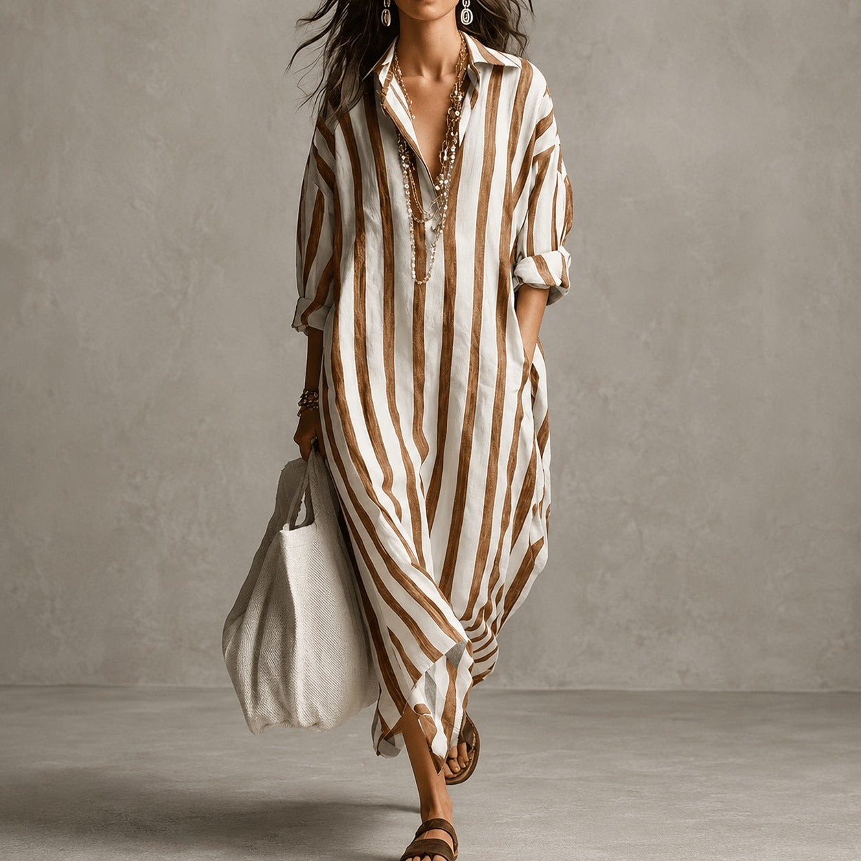 Elysia - Robe longue style chemise à manches longues