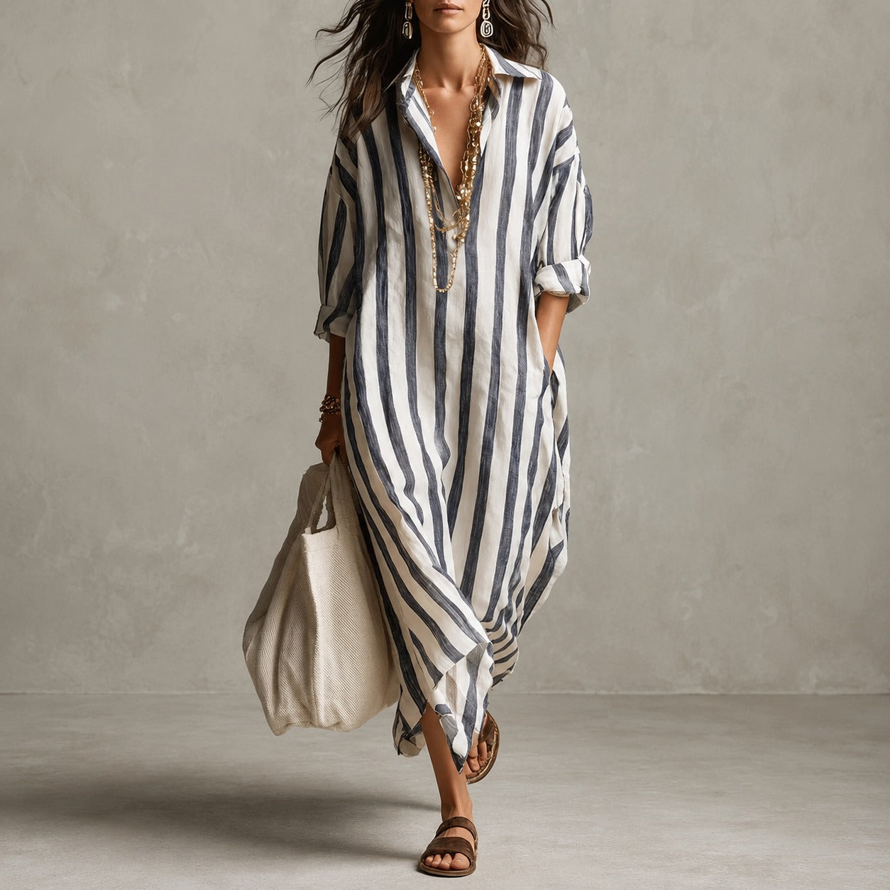 Elysia - Robe longue style chemise à manches longues
