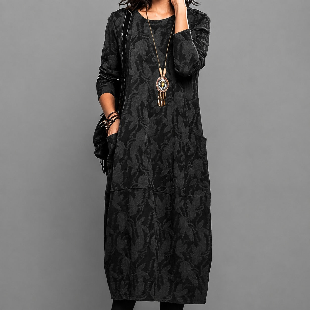 Alisha - Robe midi imprimée à manches longues
