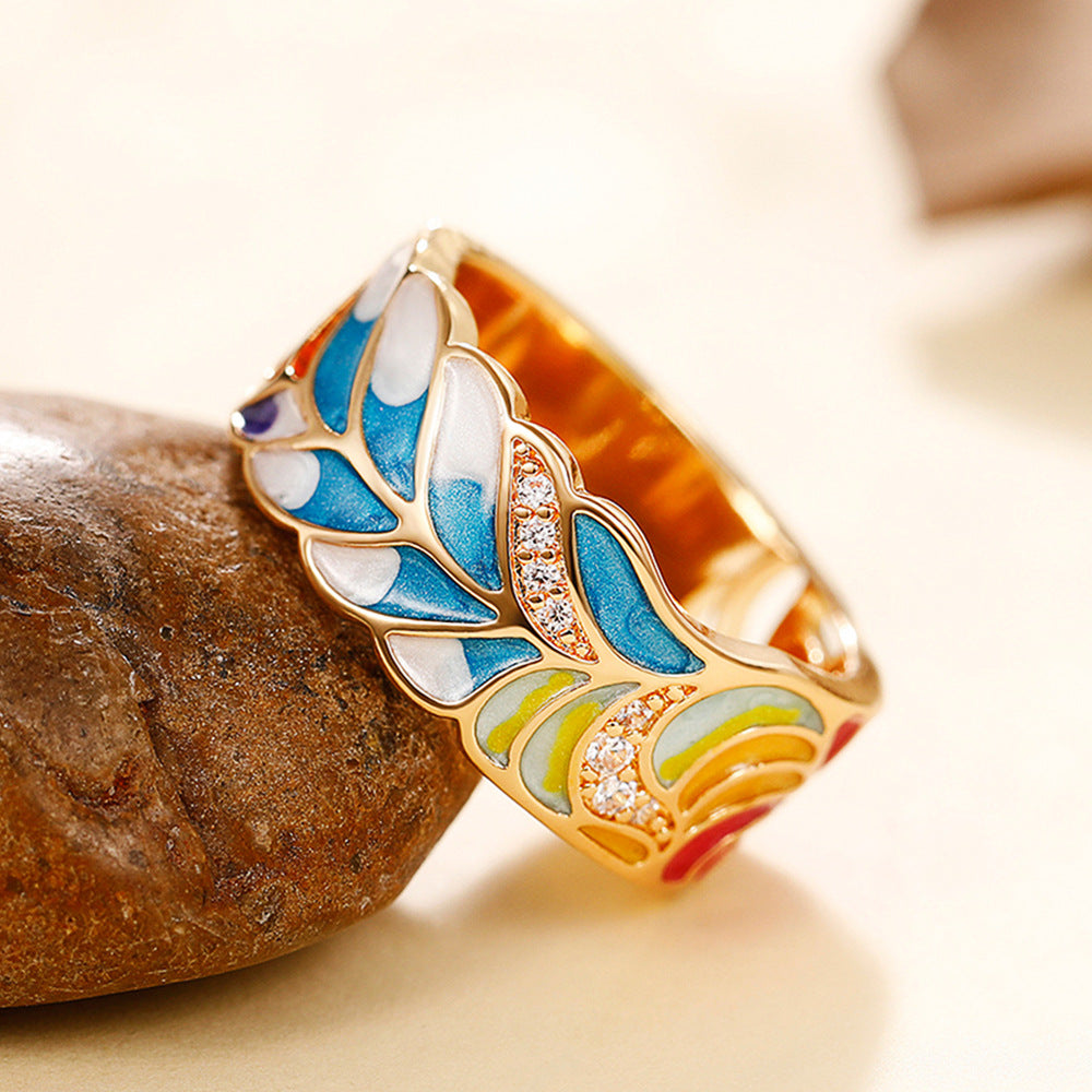 Margaux – Bague en motif doré céramique bleue et blanche