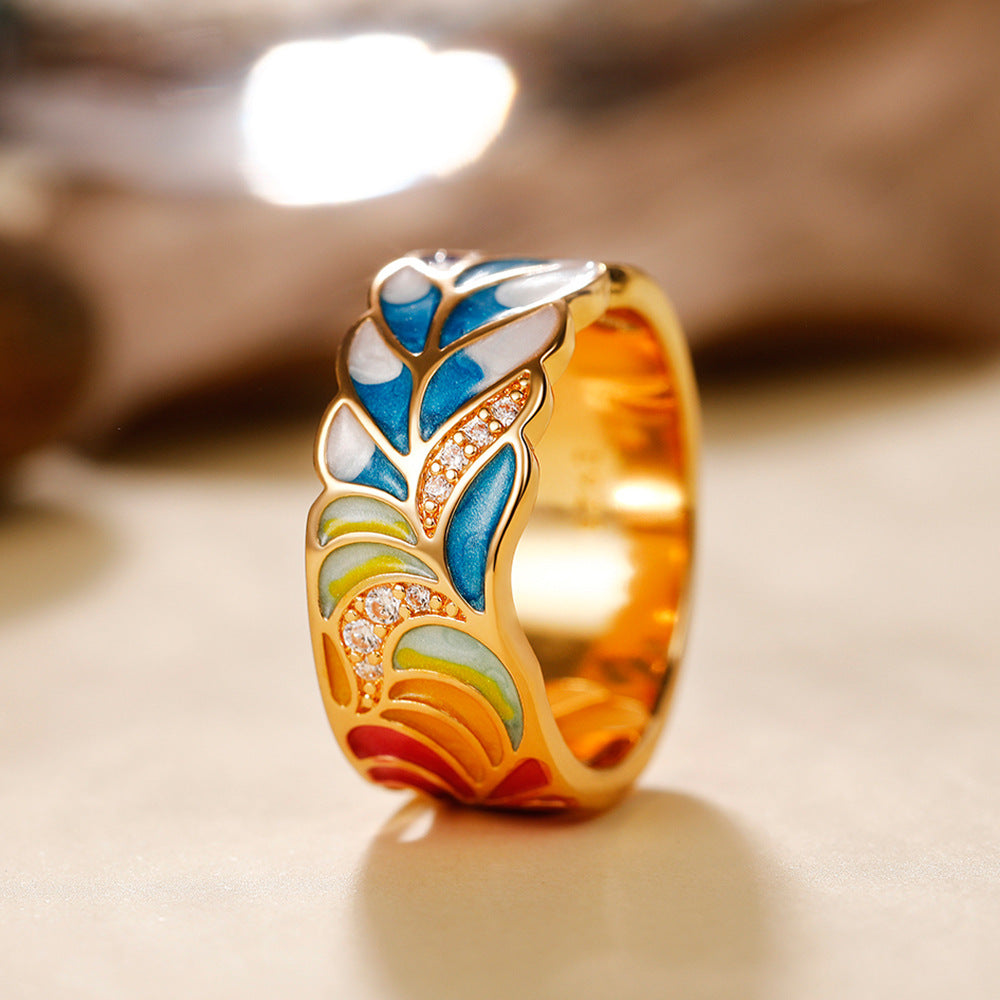 Margaux – Bague en motif doré céramique bleue et blanche