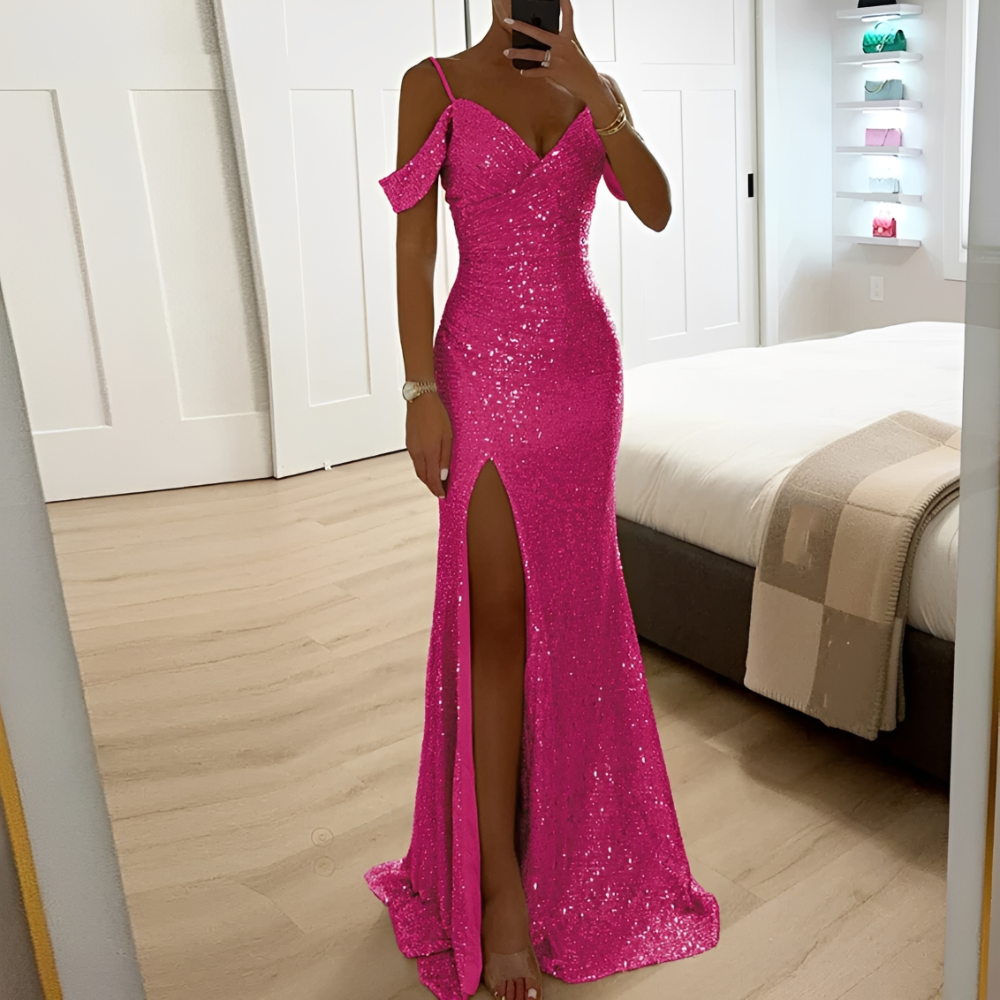Lorena – Robe de soirée pour femmes avec paillettes, épaules nues et fente